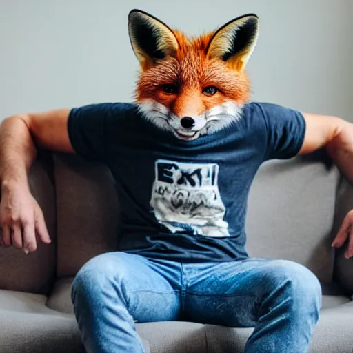 Image similar to an anthropomorphic fox wearing a t-shirt and leans, sitting on a couch