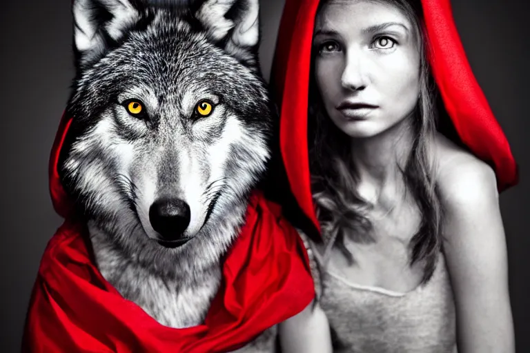 Prompt: a highly detailed cinematic headshot portrait color photograph of little red riding hood and a wolf, ultra realistic, depth, beautiful lighting, by richard avedon and annie leibovitz and arnold newman, photorealistic, hyperrealistic, octane, epic composition, hasselblad camera, 5 0 mm, sharp focus, perfect facial symmetry