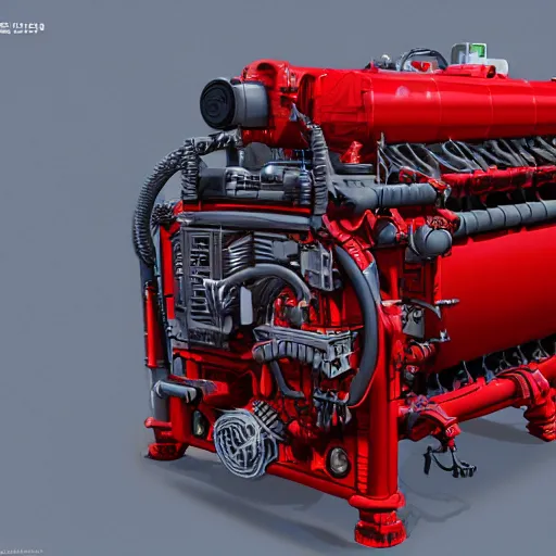 Image similar to highly detailed Red 2mw diesel generator, concept art, character art, studio lightning, bright colors, intricate, masterpiece, photorealistic, hyperrealistic, sharp focus, high contrast, Artstation HQ, DeviantArt trending, 4k UHD, Unreal Engine 5