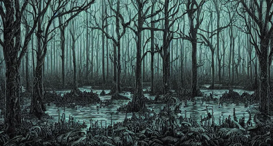 Image similar to A dense and dark enchanted forest with a swamp, by Dan mumford,