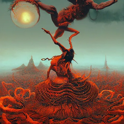 Image similar to two demons dance ballet in hell, surrounded by spheres!!!, beksinski, dariusz zawadzki, very coherent symmetrical artwork. cinematic, hyper realism, high detail, octane render, 8 k