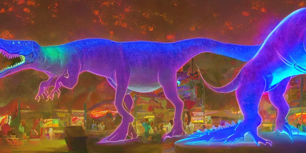 Image similar to glowing hologram dinosaur at the county fair by makoto shinkai