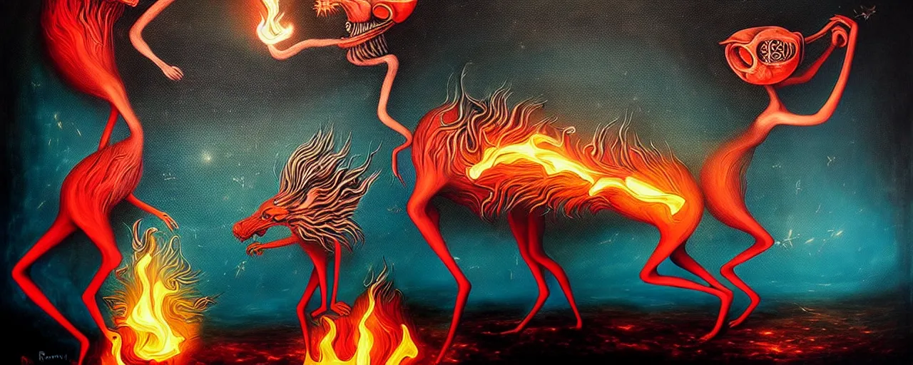 Prompt: whimsical fiery alchemical creatures, surreal dark uncanny mixed media painting by ronny khalil