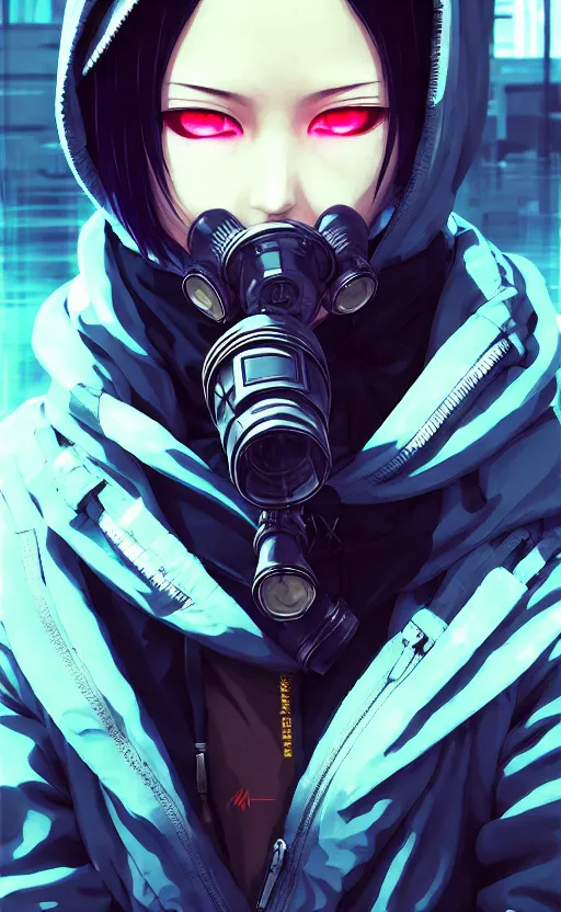 Image similar to cyberpunk anime girl in hoodie, cyberpunk gas mask, potrait, street night, grafity, beautiful face, grafity, arcane, action, tokyo street, detail, good face, pose model, concept art, in style of yoji shinkawa, pan ren wei, col price, atey ghailan, by greg rutkowski, aesthetic