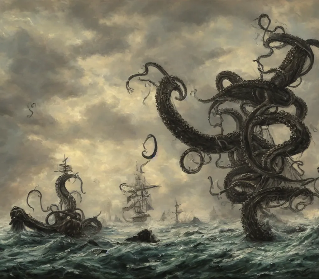 Image similar to oil painting of a kraken attacking a pirate ship