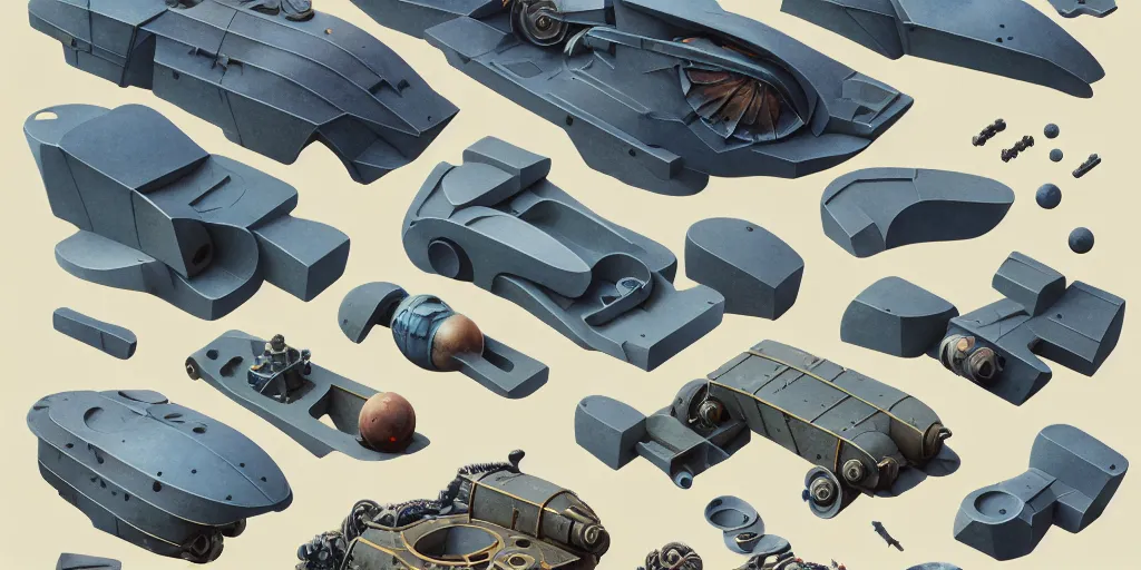 Prompt: collection of exploration of form and shapes, moebius, engine, props, hard surface, panel, simon stalenhag, kitbash, items, gadget, big medium small, close up, vehicles, futuristic, parts, machinery, greebles, insanely detailed, industrial design, golden ratio, wes anderson color scheme, in watercolor gouache detailed paintings, sleek design, clear