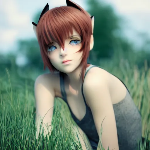Image similar to pretty cat - boy posing in front of plains + beauty + warm light from behind + bright green eyes + auburn hair + cat ears + large well - defined eyelids + artstation + octane render + cinematic color grading + muted colors + soft light + rule of thirds + like a professional model + cinematic + 8 k + 3 d render + 3 5 mm