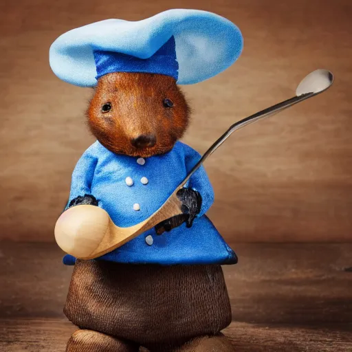 Prompt: blue rat with chef's hat holding a wooden spoon