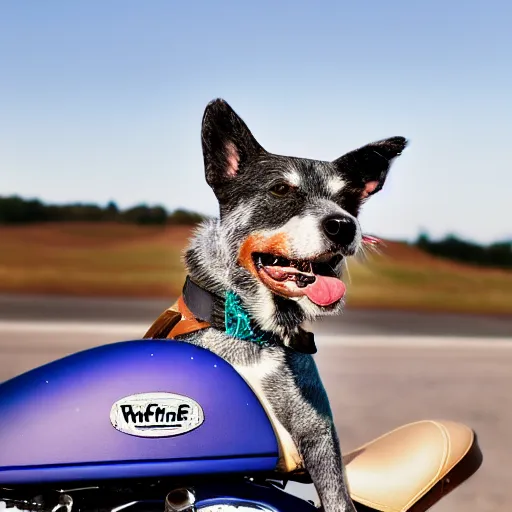 Image similar to blue heeler dog on a motorcycle, 8 k photography, blurred background of a wafflehouse