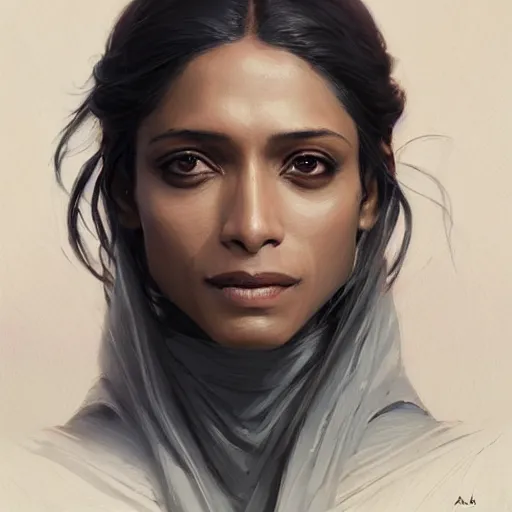 Prompt: darth alisaie leveilleur, freida pinto, art by artgerm and greg rutkowski and magali villeneuve, portrait, highly detailed, headshot, intricate, elegant, digital painting, trending on artstation, concept art, sharp focus, illustration