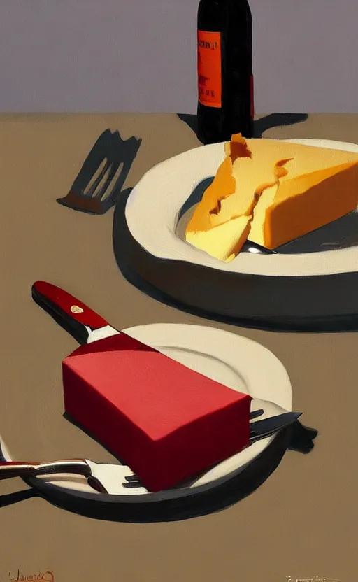 Image similar to beautiful still life featuring A knife tillamook cheese, and red wine, very coherent, painted by Edward Hopper, painted by James Gilleard, airbrush, art by JamesJean