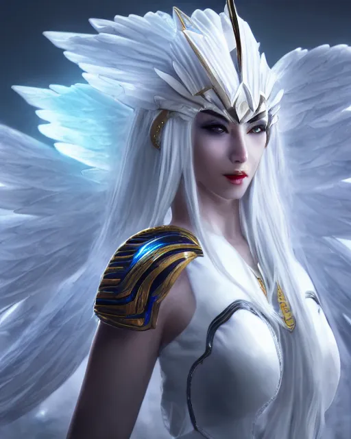 Image similar to perfect white haired egyptian goddess wearing white dove wings, warframe armor, regal, attractive, ornate, sultry, beautiful, ice queen, half asian, pretty face, blue eyes, detailed, scifi platform, 4 k, ultra realistic, volumetric lighting, illuminated, cinematic, masterpiece, art by akihito tsukushi, voidstar