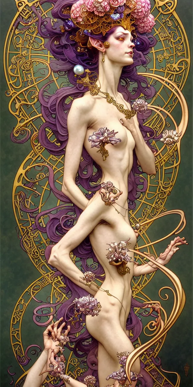 Prompt: beautiful princess art nouveau fantasy character portrait, ultra realistic, intricate details, the fifth element artifacts, highly detailed by peter mohrbacher, hajime sorayama, wayne barlowe, boris vallejo, aaron horkey, gaston bussiere, craig mullins alphonse mucha, art nouveau curves and spirals, flowers pearls jewels goldchains scattered