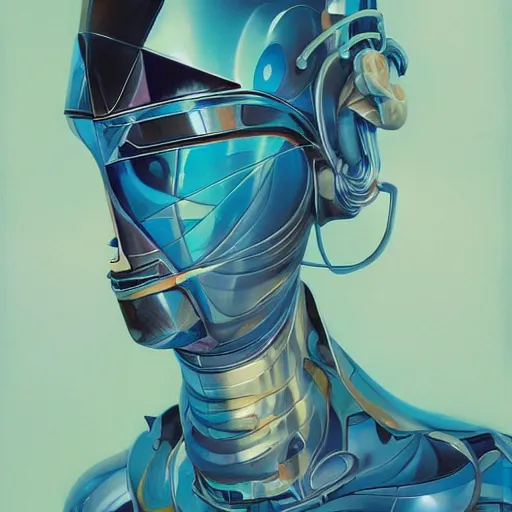 Image similar to scifi futurism automaton minimalism chrome by peter mohrbacher art Hajime Sorayama airbrush hyperrealism model abstract shatter fragments cubism futurism pastel blue soft flat minimal minimalism portrait face jackson pollock ukiyo-e lithograph mark ruthko swirl escape noise shimmer glow paint