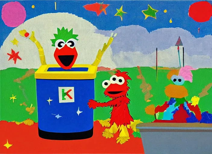 Image similar to pixel decollage painting trash can toter as tarot card fool with sesame street elmo and kermit muppet on a horse knight in a dark red cloudy night sky background and golden foil jewish stars , mountain lake and blossoming field in background, painted by Mark Rothko, Helen Frankenthaler, Danny Fox and Hilma af Klint, pixelated, neo expressionism, semi naive, pastel colors, cinematic, color field painting, cave painting, voxel, pop art look, outsider art, minimalistic. Bill Traylor painting, part by Philip Guston and Francis Bacon. art by Adrian Ghenie, very coherent symmetrical artwork, cinematic, hyper realism, high detail, octane render, unreal engine, Smooth gradients, depth of field, full body character drawing, extremely detailed, 8k, extreme detail, intricate detail, masterpiece