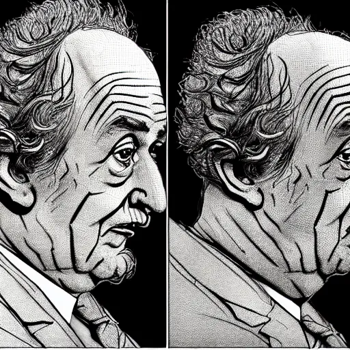 Prompt: a realistic yet scraggly portrait sketch of the side profile of a stern and sophisticated larry fine, trending on artstation, intricate details, in the style of frank auerbach, in the style of sergio aragones, in the style of martin ansin, in the style of david aja, in the style of mattias adolfsson