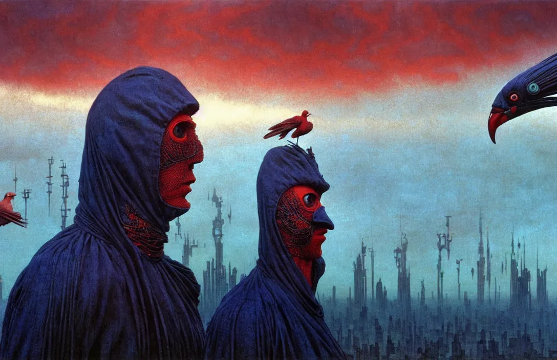 Image similar to realistic detailed portrait movie shot of a birdman wearing dark ragged robes, futuristic city sunset landscape background by denis villeneuve, amano, yves tanguy, alphonse mucha, ernst haeckel, max ernst, roger dean, ridley scott, dynamic closeup composition, rich moody colours, blue eyes, man with a giant birdhead