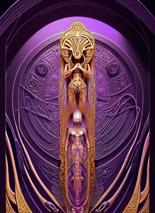 Image similar to ornate alien sacred sarcophagus, art nouveau hieroglyphics, lavender and gold palette, symmetry, fantasy, intricate, elegant, highly detailed, colorful, dark colors, dramatic shadow, digital painting, artstation, concept art, art by artgerm and greg rutkowski and ruan jia, h. r. giger