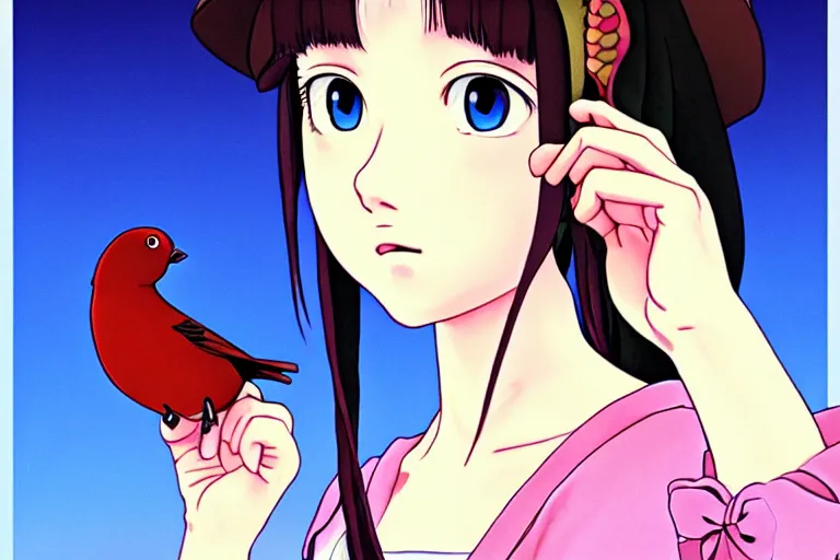 Prompt: young pretty girl holding a bird in her hands, looking touched, Fragile looking character portrait , beautiful scene; highly detailed art, by Studio Ghibli , High contrast, anime art