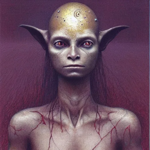 Prompt: portrait of ethereal 12 years old goblin princess in golden armour by Beksinski