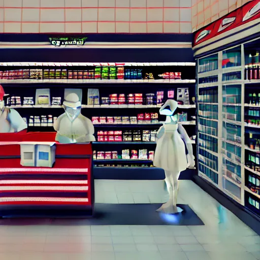 Prompt: cinestill 5 0 d photograph of the inside of an empty convenience store, liminal space, lonely, mannequins, 3 5 mm, raw, unedited, cinema 4 d, cinematic