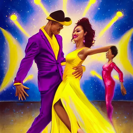 Prompt: semi realistic portrait of The sun is exploding while Latino Cubans Dancers Salsa Dancing by Stanley Artgerm Lau, sun exploding on the background, Gesture draw, Salsa Social Dance, couple, lady using yellow dress, guy using the purple fancy suit, Salsa tricks, explosive background, WLOP, Rossdraws, Gesture draw, James Jean, Andrei Riabovitchev, Marc Simonetti, and Sakimichan, trending on artstation