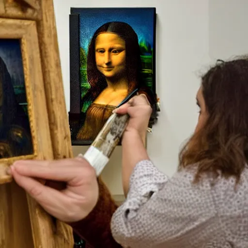 Prompt: A woman that looks like Mona Lisa is painting a portrait of Lenoardo da Vinci in a workshop