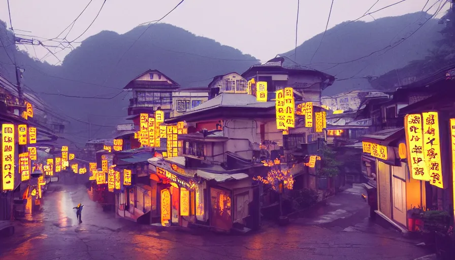 Prompt: a Wes Anderson 35mm film still of a very surreal magic small mountain town, like Jiufen, golden hour, falling cherry blossom pedals, in the style of Gucci, James Jean color palette, glowing warm lights and floating lanterns, foggy atmosphere, rainy, moody, muted colors, magic details, high detail, high resolution, 8k, cinematic look, octane render, psychedelic,