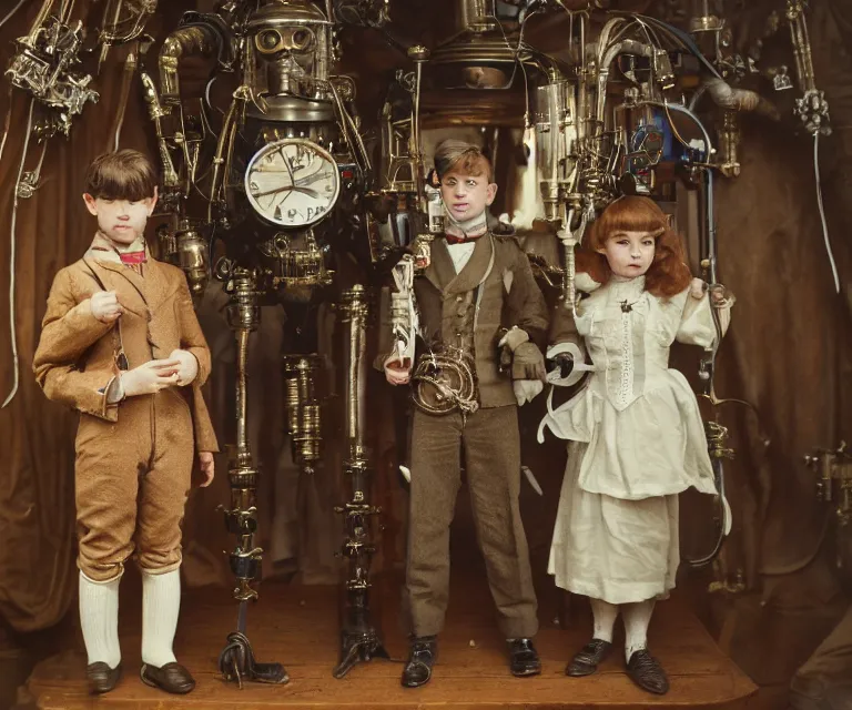 Image similar to detailed, sharp, a boy and a girl standing with her cute pet humanoid alien creature, wearing 1890s era clothes, in their spaceship, extremely highly detailed, steampunk, in focus faces, 70 mm film still from a period sci fi color movie, 4k, HD, cinematic lighting