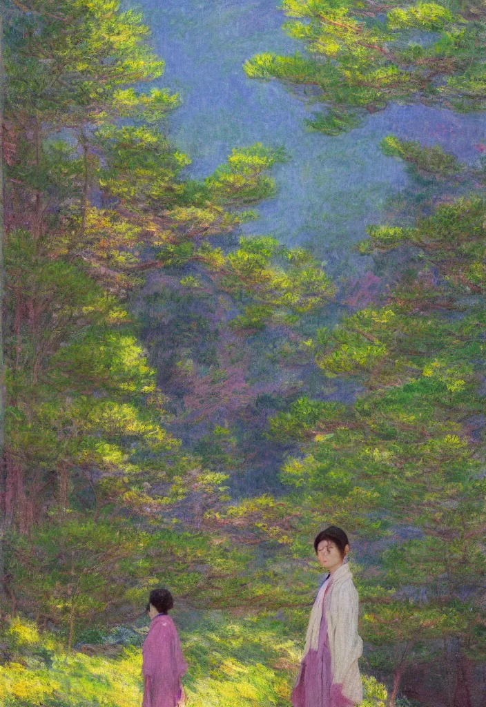 Prompt: tiny character in front of a huge japanese temple in the mountain. gorgeous epic nature, lofi, vivid colors, amazing light, by jeremy lipkin, by claude monet, heavily inspired by makoto shinkai, kandinsky touches, masterpiece, multiple brush strokes, impressionist style