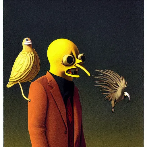 Prompt: robust spongebob squarepants by wayne barlowe. a installation art of a man, with an animal skull for a head, & a large bird perched on his shoulder. the man is looking up at the bird with a fierce expression, & the bird is looking back at him with an equally intense gaze.