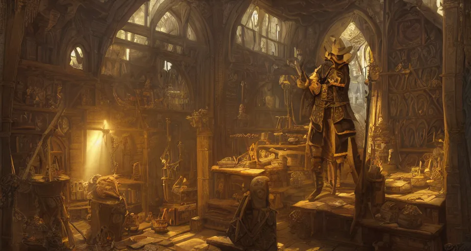 Prompt: dennis hopper as a medieval nobleman, standing on the side of a big medieval shop with boards full of pottery, books, flasks, glas, trinkets, and other stuff, dust suspended in a sunbeam from a tall medieval window, trending on artstation, artwork in style of peter mohrbacher, unreal engine, octane render, intricate details, 8k high definition, beauriful, ornate, hyperrealistic