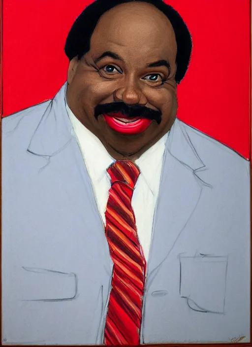 Image similar to ( ( ( caricature of leslie david baker as stanley hudson of the office television series ) ) ) by igor kazarin, pastels, head to waist, light coming from the right side, red background,