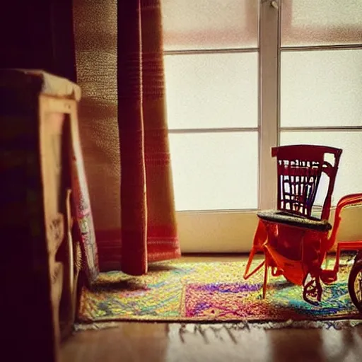 Image similar to “a dim darkened parlor pierced by a morning ray of sun with dust floating gently through the light and a small colorful tattered Persian throw rug scattered with children blocks, an old tricycle in the corner of the room. Very low energy. Bokeh. 4K.”