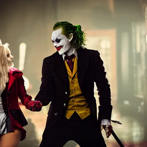 Prompt: heath ledger as the joker and margot robbie as harley quinn, dancing, cinematic, ultra realistic, low lighting