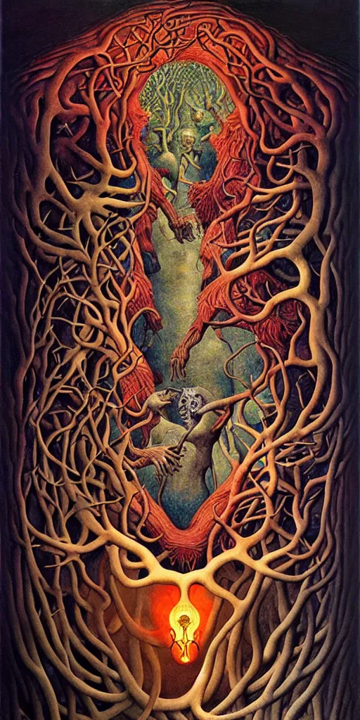 Prompt: mythical creatures and monsters in the visceral anatomical human heart imaginal realm of the collective unconscious, in a dark surreal mixed media oil painting by johfra, mc escher and ronny khalil, dramatic lighting from inner fire