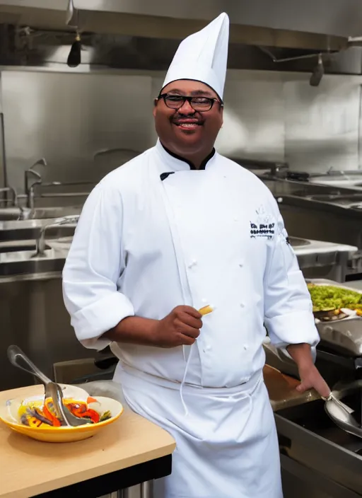 Image similar to portrait photo still of real life school chef jerome mcelroy fat with chef hat in school cafeteria holding a ladel, 8 k, 8 5 mm, f. 1 4