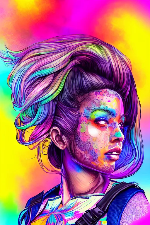 Image similar to a award winning half body portrait of a beautiful woman with stunning eyes in a printed croptop and cargo pants with rainbow colored ombre hairstyle head in motion and hair flying by josan gonzales, outrun, vaporware, shaded flat illustration, digital art, trending on artstation, highly detailed, fine detail, intricate