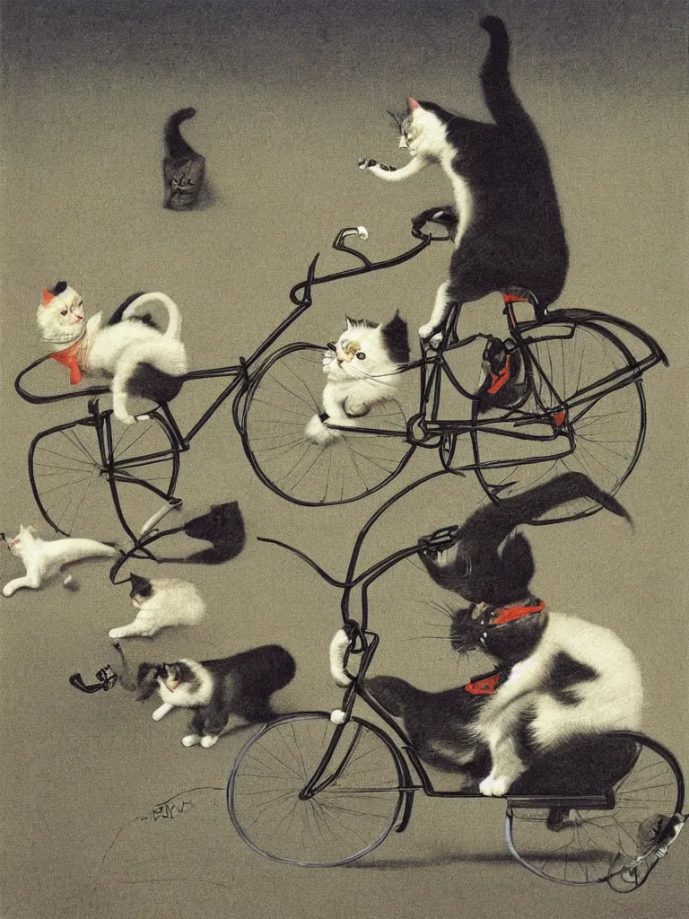 Image similar to A cat driving a bicycle, an illustration by Michael Sowa, but as photography