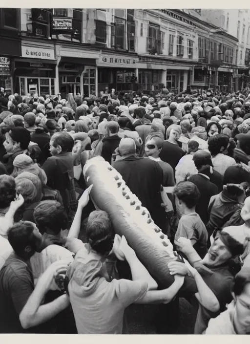 Image similar to crowd of tired citizens together carrying a giant hotdog over their heads, DSLR 35mm, by Edward Hopper