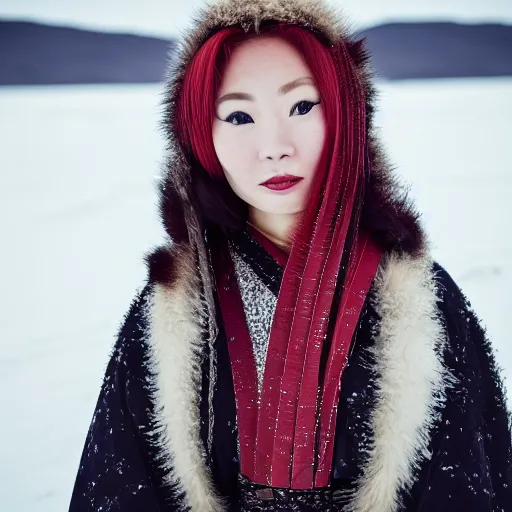 Image similar to portrait photograph of an elegant ginger Asian woman wearing a black kimono in the Arctic. super resolution. 85 mm f1.8 lens.bokeh.graflex. Alessio albi