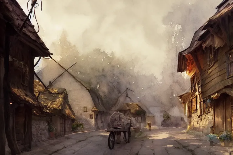 Prompt: watercolor painting of rustic village street, straw roof, scandinavian mythology, ambient lighting and shadows, fog, wheel, barrel, art by hans dahl, by jesper ejsing, art by anders zorn, wonderful masterpiece by greg rutkowski, cinematic light, american romanticism by greg manchess, creation by tyler edlin