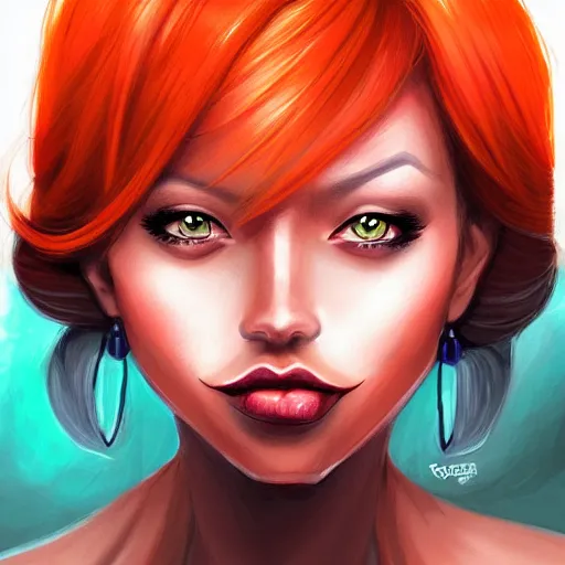 Prompt: illustrated portrait of orange-skinned devil woman by rossdraws