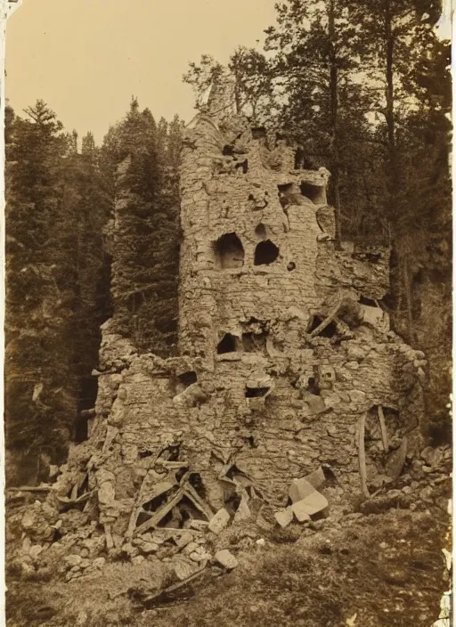 Prompt: Antique photograph of an alsacian castle in ruins atop rock formations, surrounded by forest, chromolithograph, Smithsonian American Art Museum