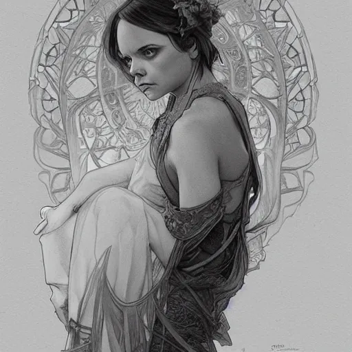 Image similar to amazing lifelike award winning pencil illustration of christina ricci trending artgerm greg rutkowski alphonse mucha cinematic