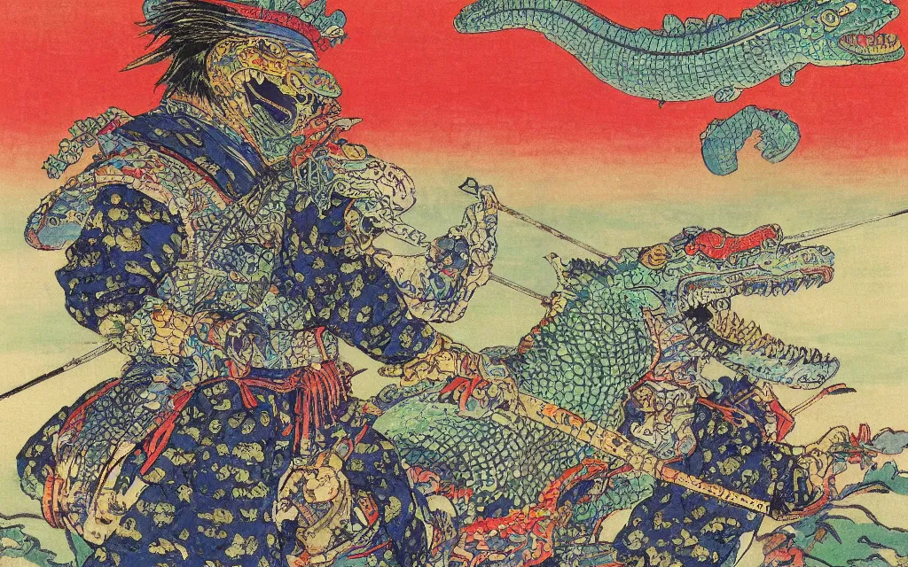 Image similar to a magical fantastic samurai with a crocodile mask by monet, with animal clients lining up in front, made with millions of stroke, japanese inspiration, wonderful details, crazy colors 1 0 %, pale sober colors 9 0 %