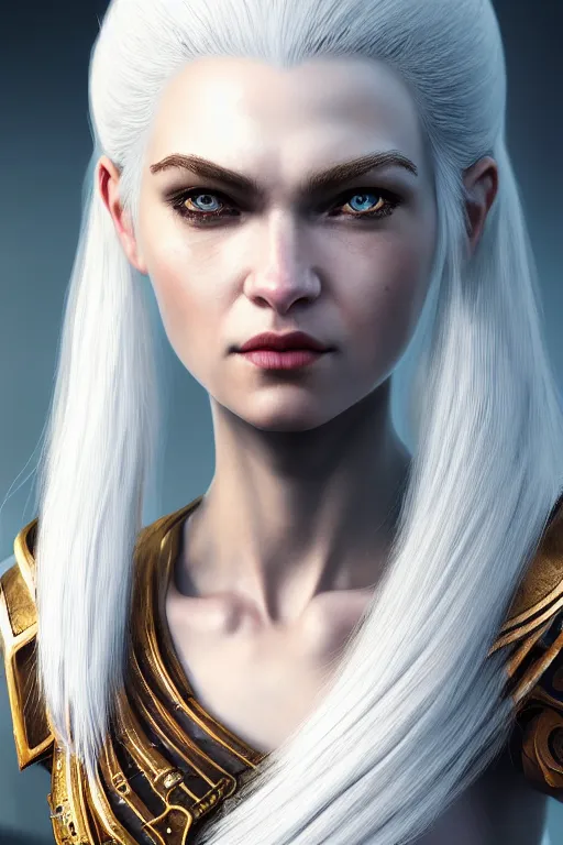 Prompt: a painting of a woman with white hair in the style of god of war, golden machine parts, intricate, elegant, featured on cgsociety, photorealism, detailed painting, artstation hd, ultra detailed, concept art, smooth, sharp focus, illustration, a character portrait by pogus caesar, 8 k