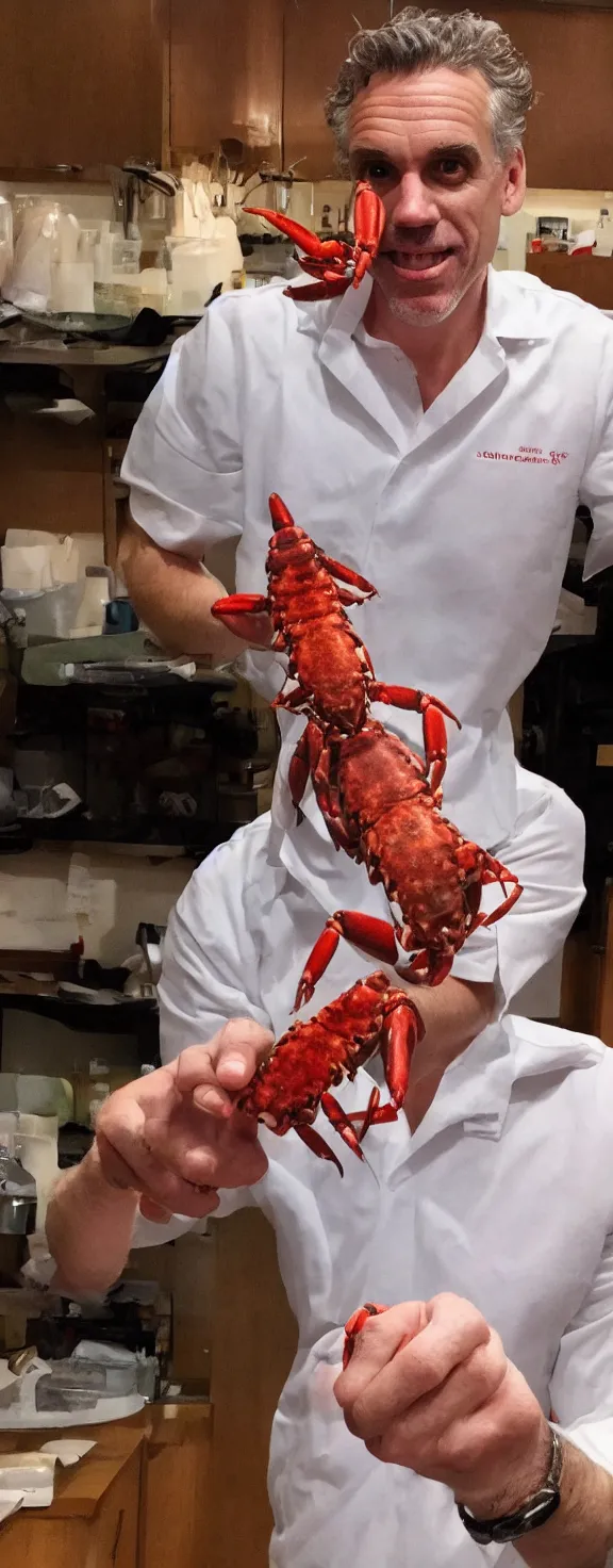 Prompt: jordan peterson holds lobsters in his hands and there are medical pills covering the floor