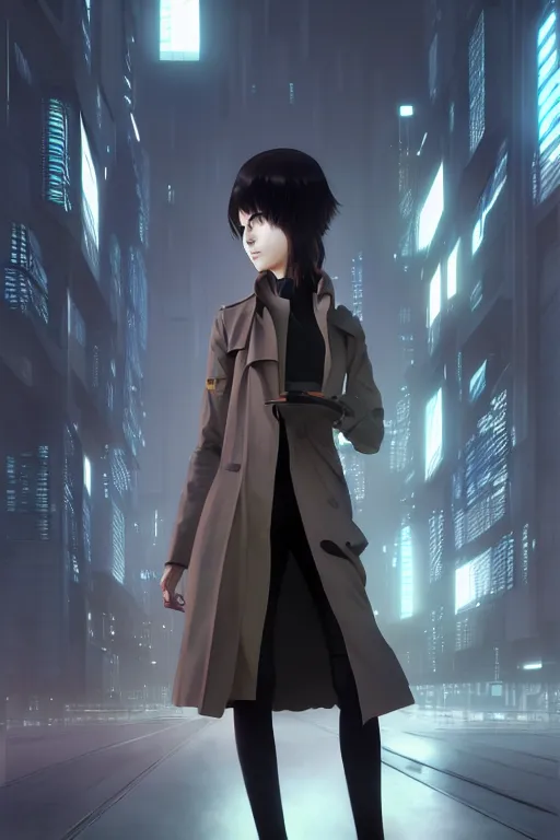 Image similar to realistic render of a cyborg - girl wearing a long trench coat by wlop, futuristic dystopian city by ilya kuvshinov, digital anime art by ross tran, composition by sana takeda, lighting by greg rutkowski