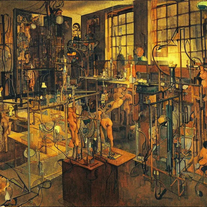 Image similar to the inventor in his laboratory with contraption, oceanian statues, cyberpunk, bioluminescent cables. lamp light. henri de toulouse - lautrec, jan van eyck, rene magritte, max ernst, walton ford, agnes pelton